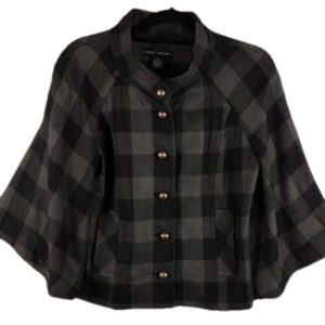 Larry Levine Black Plaid Checkered Funnel Neck Flare Sleeve Button Up Swing Coat